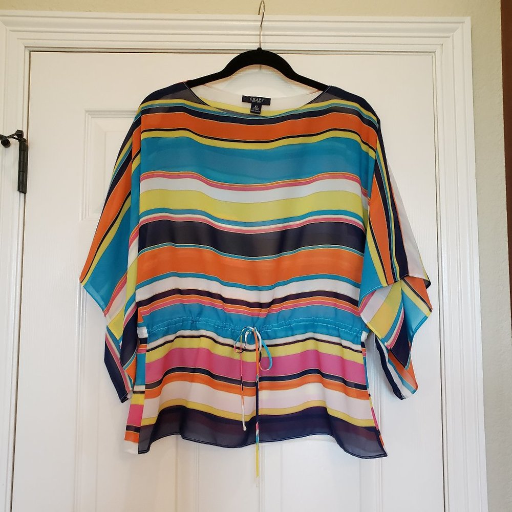 Chaps Multi-colored Sheer Striped Tunic. Drawstring waist. Loose-fitting.